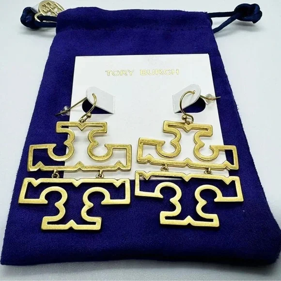 TORY BURCH BRITTEN Logo Drop Dangle Large T Earrings Gold NWT $148 - Picture 2 of 4
